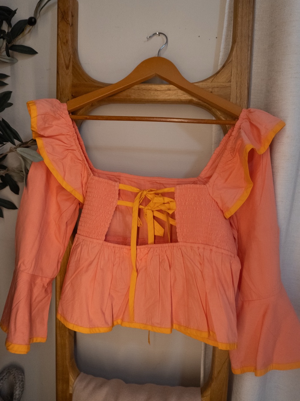 Anthropologie Pink Ruffle Off-Shoulder Crop Top with Orange Trim - Picture 3 of 5